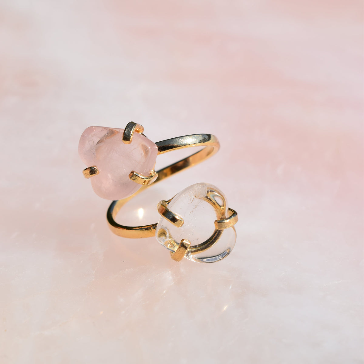 Harmony Duo Crystal & Rose Quartz Ring -Gold
