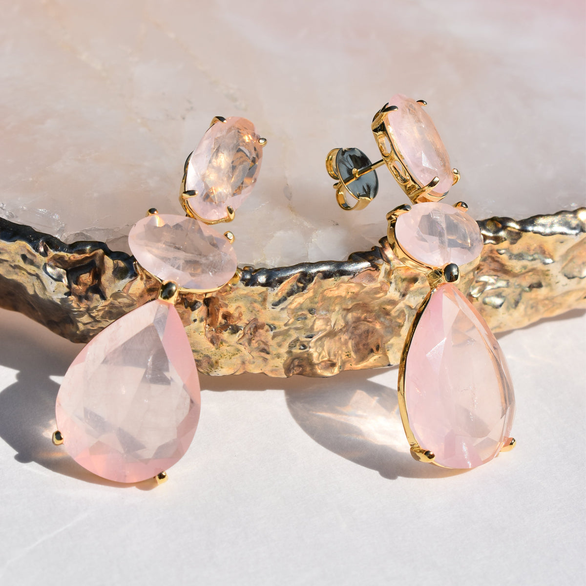 Rose Quartz Triple Gold Earrings