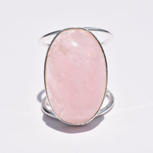 Rose Quartz Oval Double-Band Silver Ring
