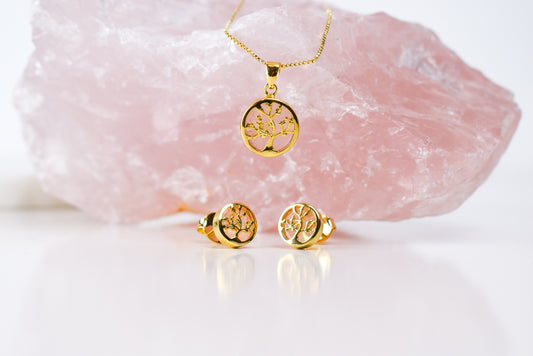 Rose Quartz Tree Of Life Gold Set