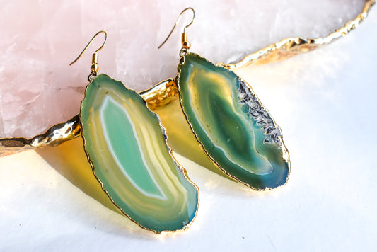 Green Agate Fish Hook Earrings Gold Plated