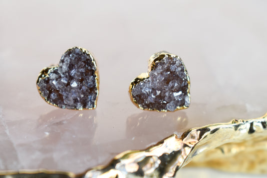 Amethyst Heart Gold Earrings