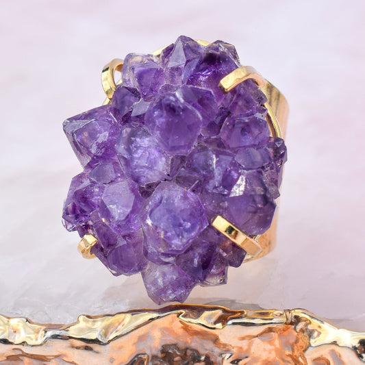 Amethyst Druzy Cuff Gold Ring