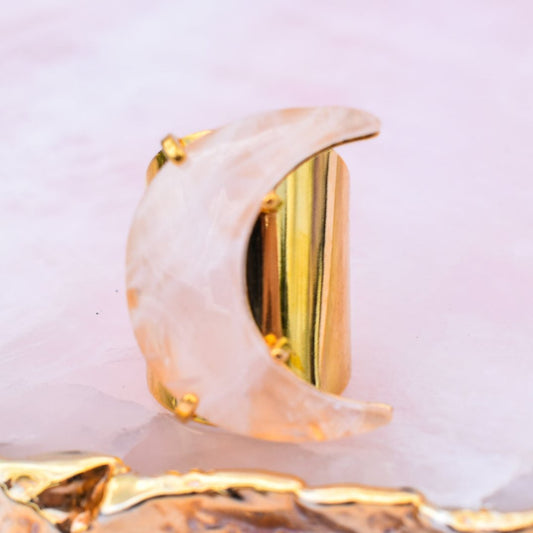 Rose Quartz Moon Cuff Gold Ring