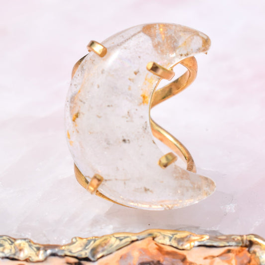 Clear Quartz Moon Double-Band Gold Ring